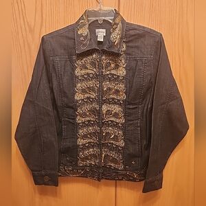 Chicos denim gold embroidered boho fairy artsy jacket sz 2
